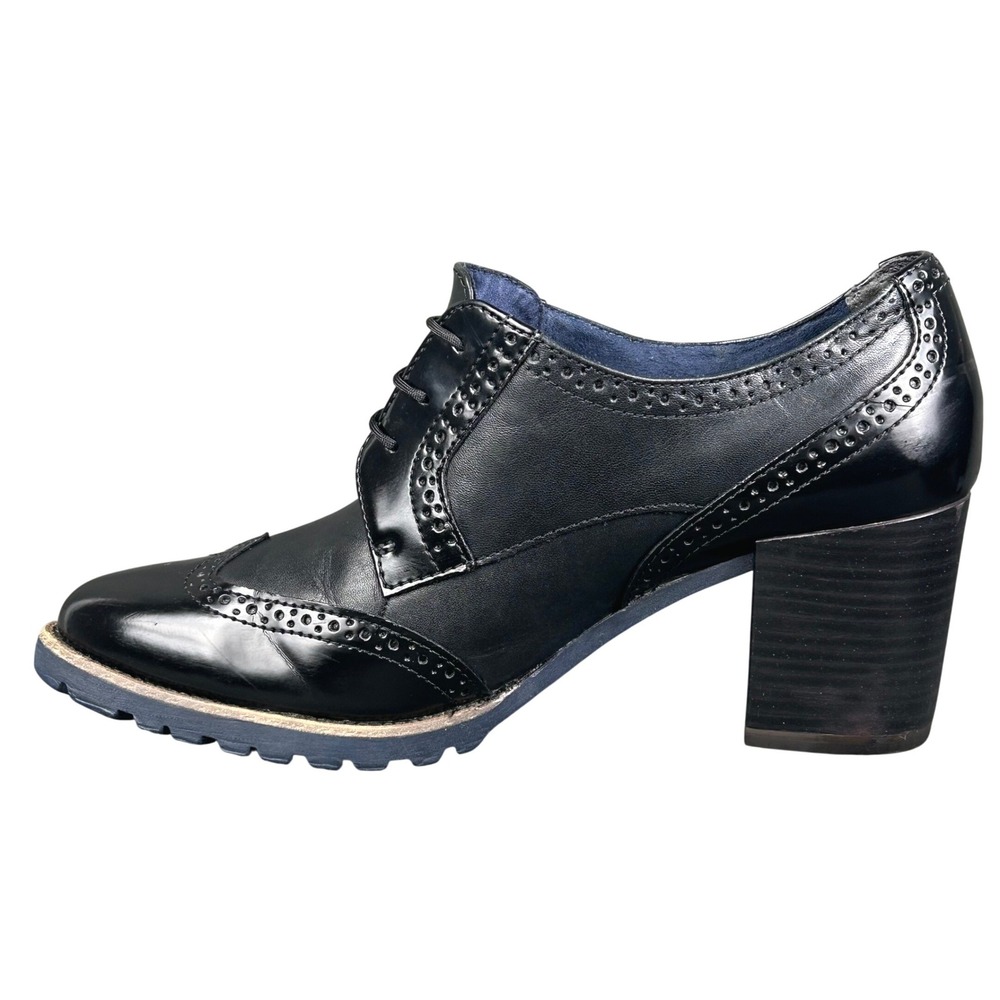 Tamaris Black Leather Wingtip Oxford Block Heels Brogue Lug Sole 1-23302-29-001 - Picture 2 of 7